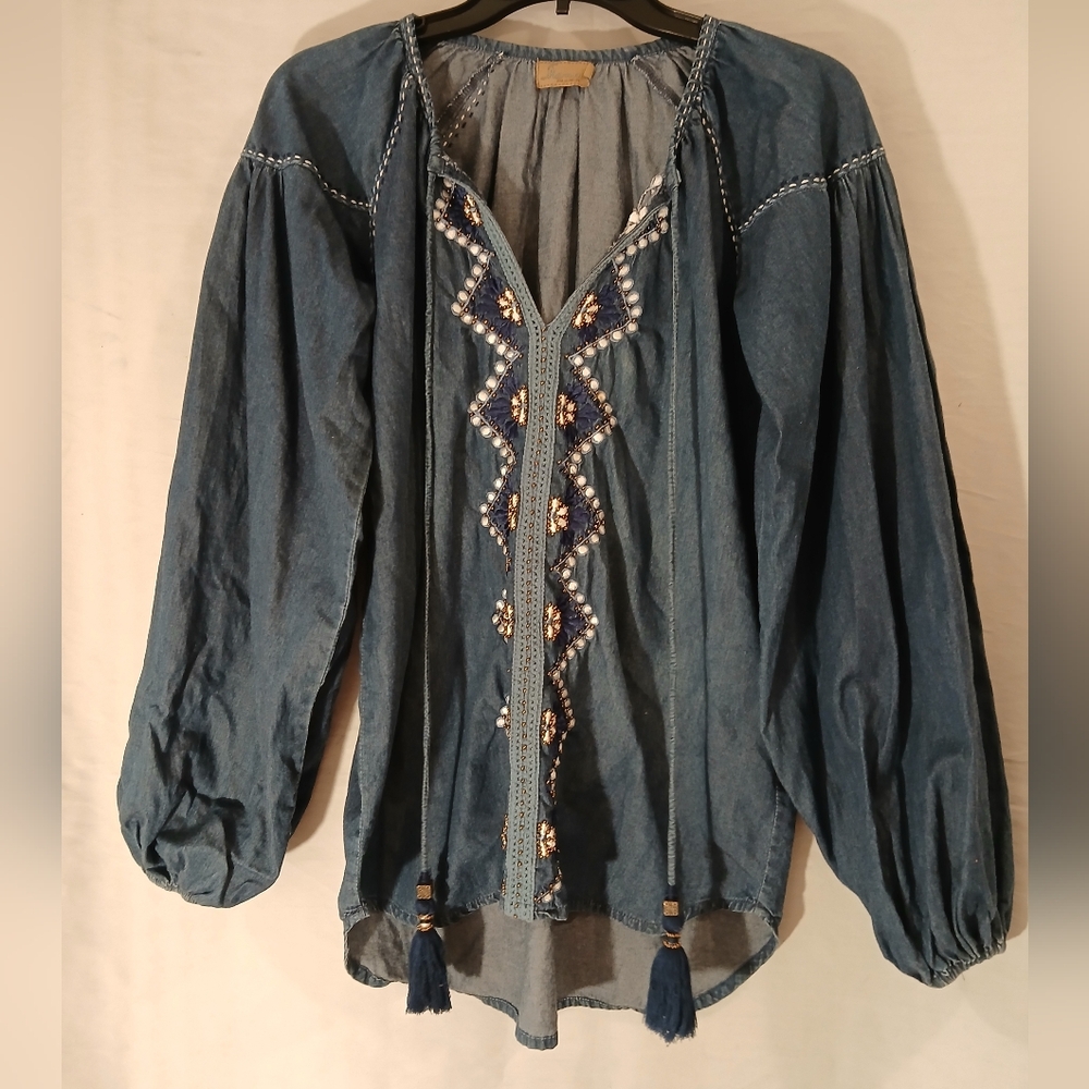 Skemo Blue Denim Blouse Featuring Intricate Beadwork,embroidery And Tassel.
